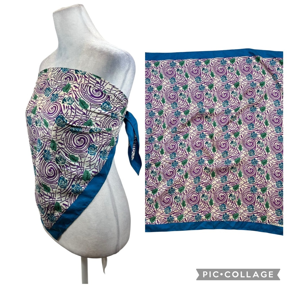 Ladies Vintage Perry Ellis 100% Silk Blue and Purple Floral Scarf